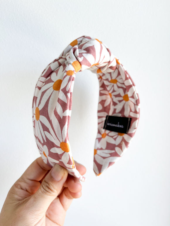 Antique Pink Daisies | Cotton Linen | Top Knot Headband