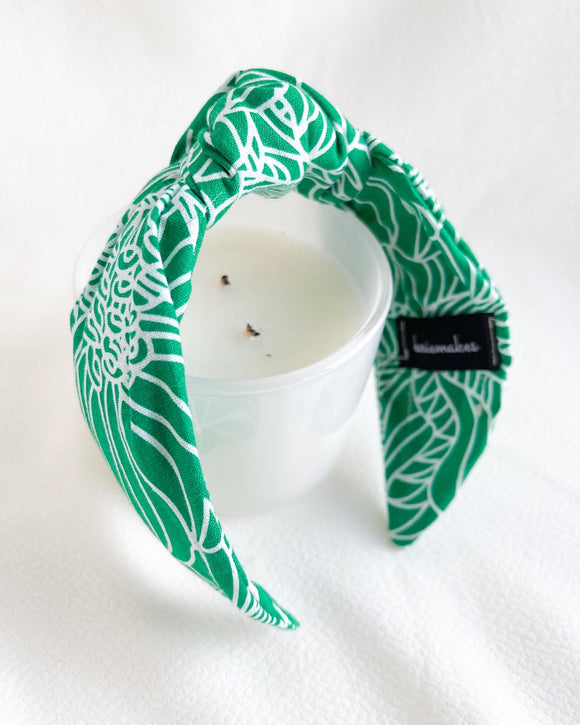 Cotton Linen | Green Stencil Printed | Top Knot Headband